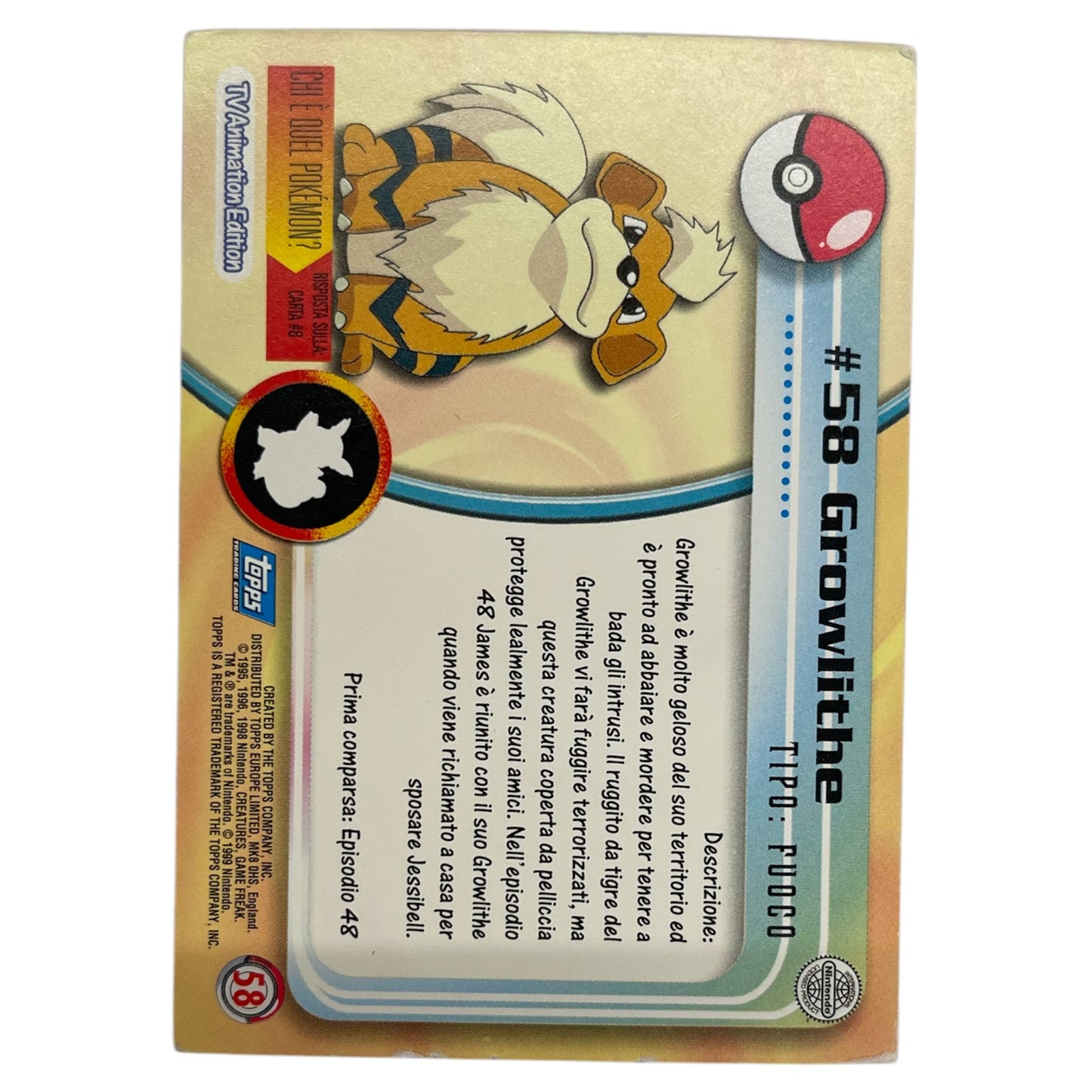 Pokemon Topps 1999 GROWLITHE #58