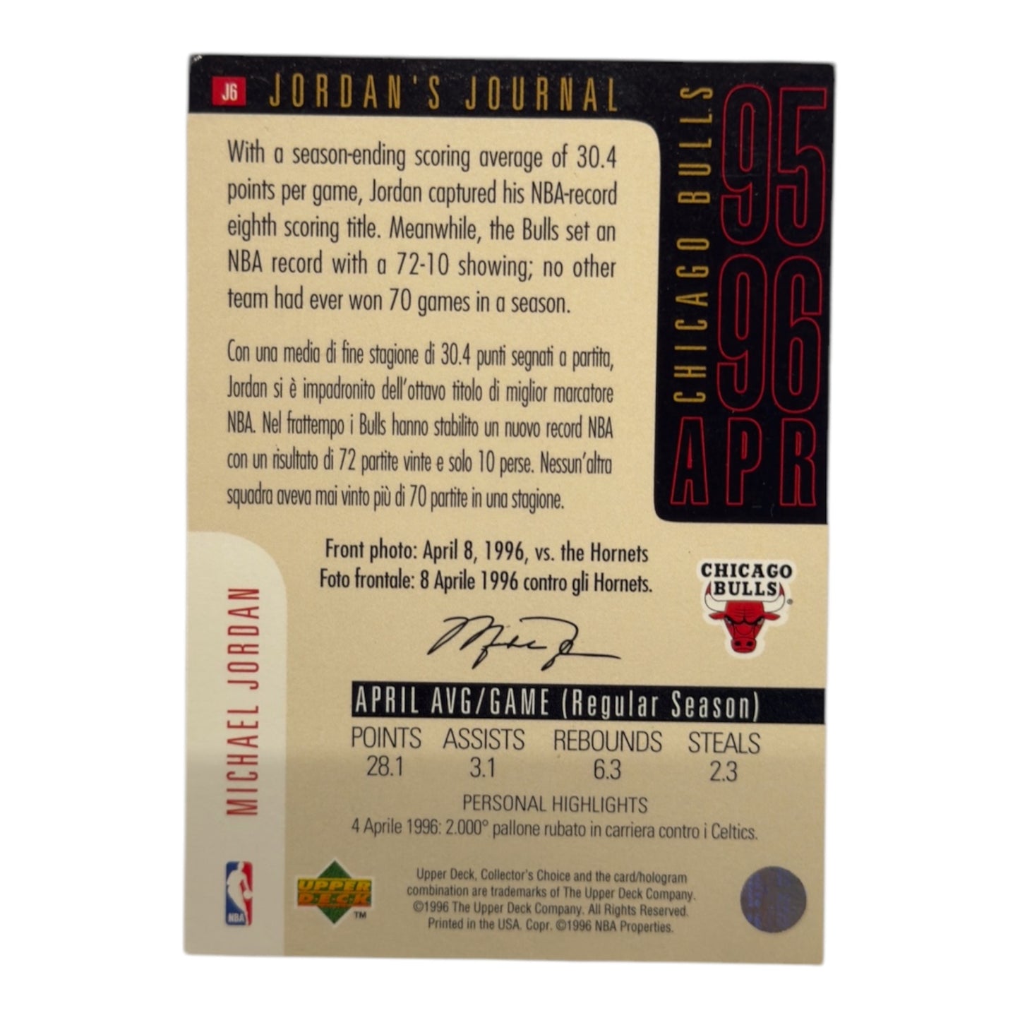 Michael Jordan Nba insert journal holo Upper deck 1996 #j6