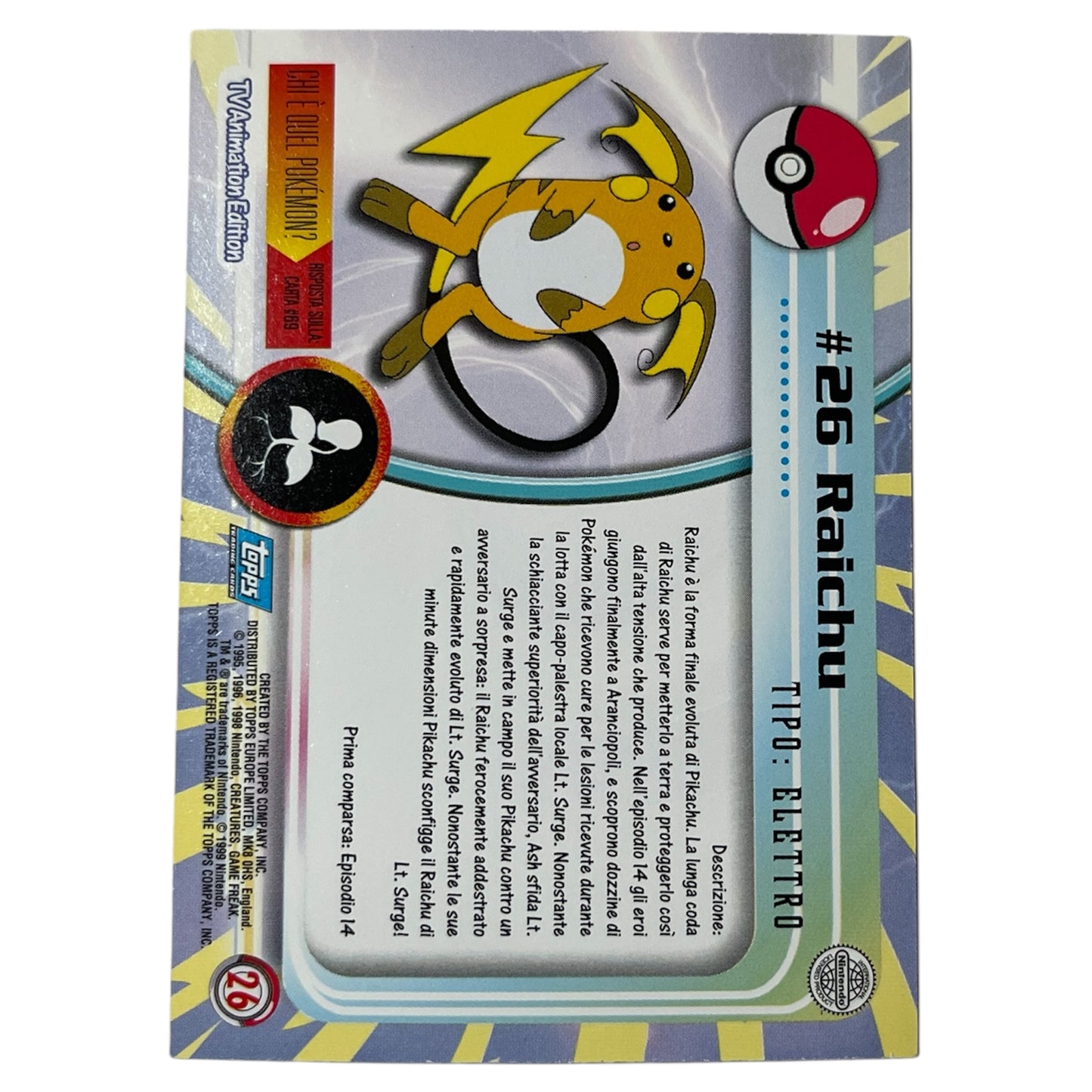 Pokemon Topps 1999 RAICHU #26